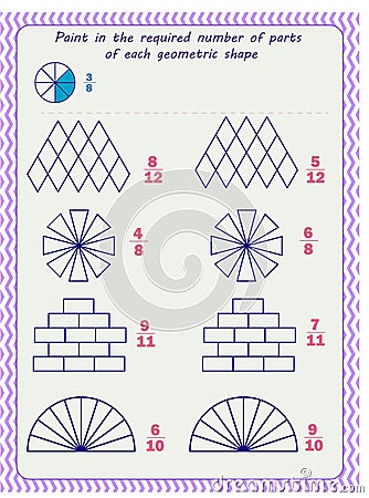 Worksheet for children. Fractions. Paint in the required number of parts of each geometric shape Vector Illustration