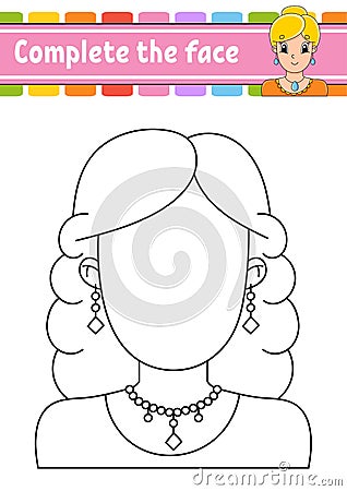 Worksheet complete the face. Coloring book for kids. Cheerful character. Vector illustration. Cute cartoon style. Fantasy page. Vector Illustration