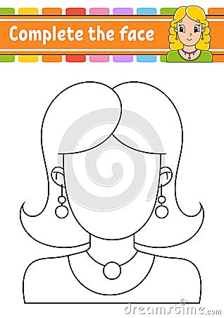 Worksheet complete the face. Coloring book for kids. Cheerful character. Vector illustration. Pretty girl. Cute cartoon style. Vector Illustration