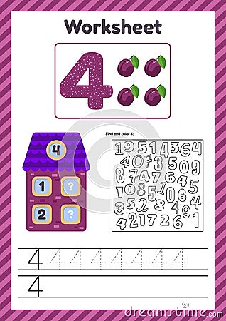 Worksheet count for kids. House. Number bonds. Trace line. The study of mathematics for children of kindergarten Vector Illustration
