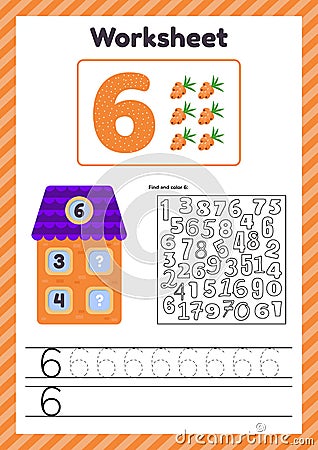 Worksheet count for kids. House. Number bonds. Trace line. The study of mathematics for children of kindergarten Vector Illustration