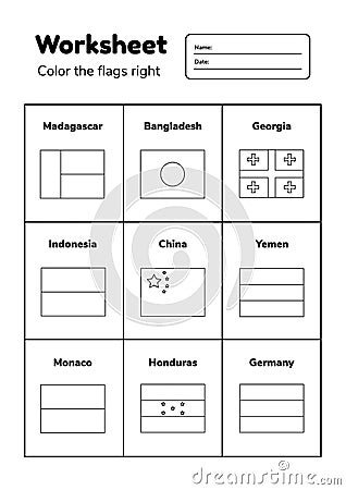 Worksheet on geography for preschool and school kids. Color the flags right. Coloring page Cartoon Illustration