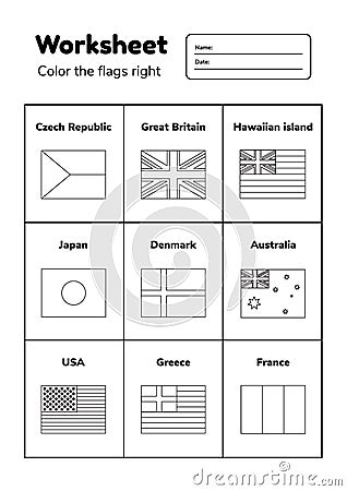 Worksheet on geography for preschool and school kids. Color the flags right. Coloring page Cartoon Illustration