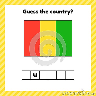 Worksheet on geography for preschool and school kids. Crossword. Guinea flag. Cuess the country Cartoon Illustration