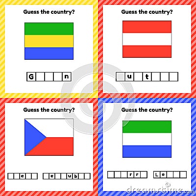 Worksheet on geography for preschool and school kids. Crossword. Set Sierra Leone, Gabon, Austria, Chech Republic flags Vector Illustration