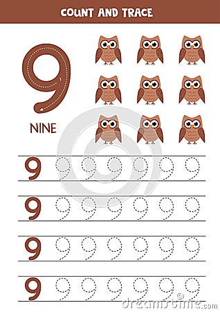 Worksheet for learning numbers with cute owls. Number nine Vector Illustration