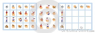 Worksheet prepositions. English prepositions learning game, preschool grammar education activity child, visual study Vector Illustration