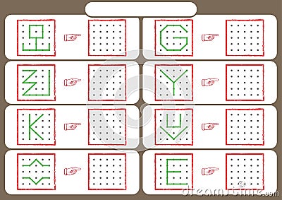 Worksheet for preschool kids, Dot to dot copy practice, copy the shapes, Visual perception activities, Vector Illustration