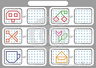 Worksheet for preschool kids, Dot to dot copy practice, copy the shapes, Visual perception activities, Stock Photo