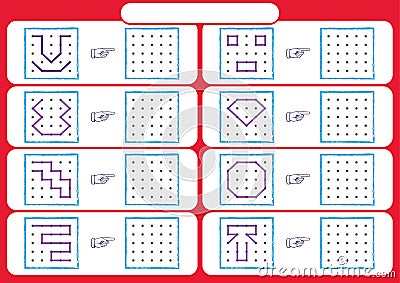 Worksheet for preschool kids, Dot to dot copy practice, copy the shapes, Visual perception activities, Vector Illustration