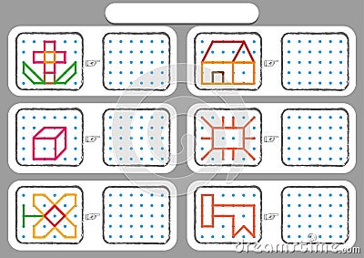 Worksheet for preschool kids, Dot to dot copy practice, copy the shapes, Visual perception activities, Vector Illustration