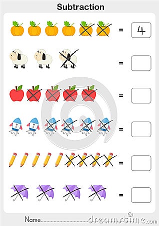 Worksheet subtraction number for education Vector Illustration