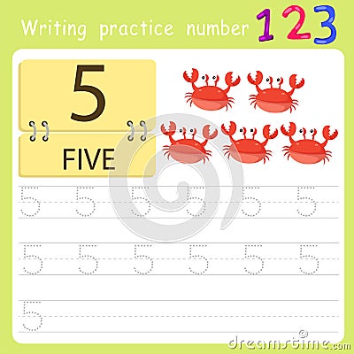 Worksheet Writing practice number five Vector Illustration