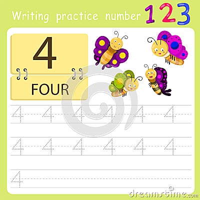 Worksheet Writing practice number four Vector Illustration