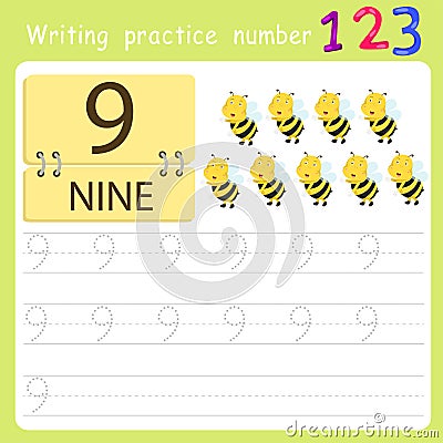 Worksheet Writing practice number nine Vector Illustration