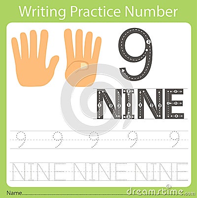 Worksheet Writing practice number nine Vector Illustration