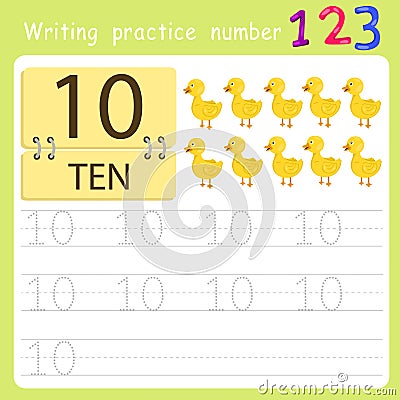Worksheet Writing practice number ten Vector Illustration