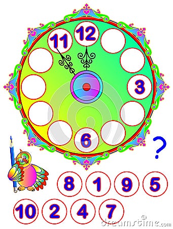 Worksheet for young children. Repair the clock. Find the missing numbers and write them on the correct places. Logic puzzle game. Vector Illustration