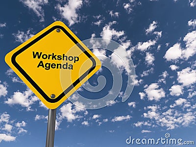 workshop agenda traffic sign on blue sky Stock Photo