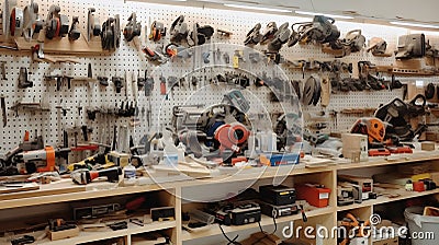 A workshop filled with various types of saws drills and o one created with generative AI Stock Photo