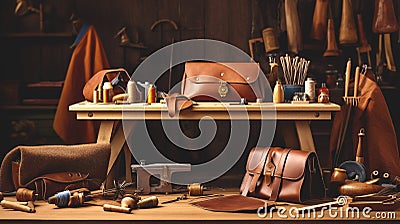 Workshop of local manufacturers for hand-tailoring bags made of genuine leather. Traditional craftsmanship. Banner Stock Photo