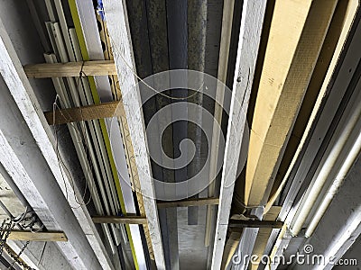workshop manufacturing storage garage rafters roof ceiling factory slats warehouse Stock Photo