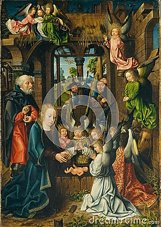 The Adoration of the Christ Child painting by anonymous painter of the workshop of the Master of Frankfurt Editorial Stock Photo