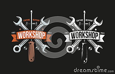 Workshop retro logo with wrench, screwdriver and heraldic ribbon Vector Illustration