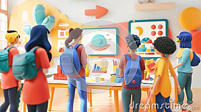 workshop scene where experts collaborate on developing microgrid projects within a circular economy framework, using sustainable Cartoon Illustration