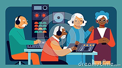 In a workshop on sound editing seniors experiment with different audio levels and effects adding a professional touch to Vector Illustration