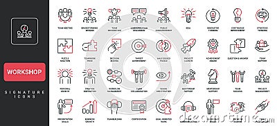 Workshop, team building and problem presentation, brainstorm, gamification line icon set Vector Illustration