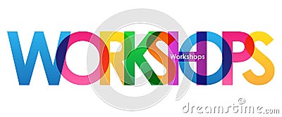 WORKSHOPS colorful overlapping letters banner Stock Photo