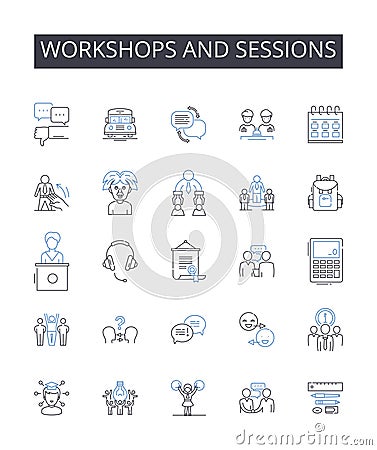 workshops and sessions line icons collection. Seminars and lectures, Talks and speeches, Classes and tutorials Vector Illustration
