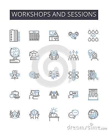 workshops and sessions line icons collection. Seminars and lectures, Talks and speeches, Classes and tutorials Vector Illustration