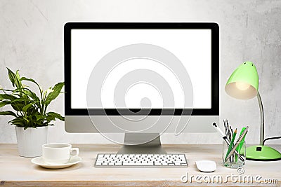 Workspace background with desktop pc and office accessories on table Stock Photo