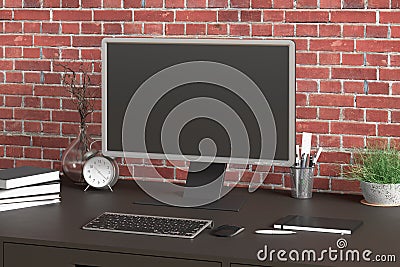 Workspace with blank computer monitor black screen Stock Photo