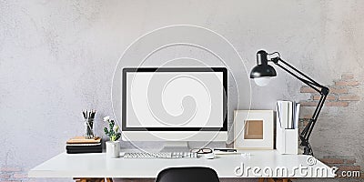 Workspace blank screen Computer and Equipment on table. Stock Photo