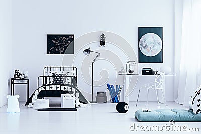 Workspace in bright bedroom interior Stock Photo