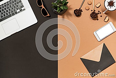 Workspace coffee design mockup with closed envelop Stock Photo