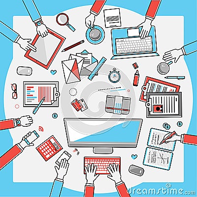 Workspace. Concept of working in multicultural team, coworking, typography. Vector Illustration