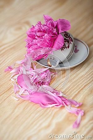 Workspace with diary, pen, vintage tray, pink rose, croissants and coffee on white background. Top view, flat lay Stock Photo