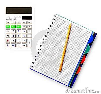 Workspace engineer. Calculate, notebooke and pencil on white background Stock Photo