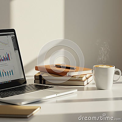 A workspace featuring an open laptop displaying colorful graphs on the screen Stock Photo