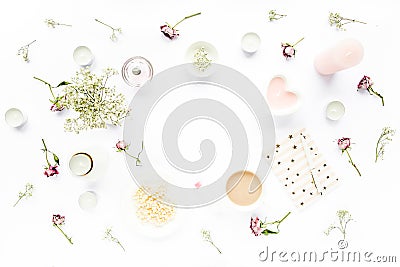 Workspace frame with. Desk workspace with succulent, tea, cocoa, diary, pen, on white background. Flat composition Stock Photo