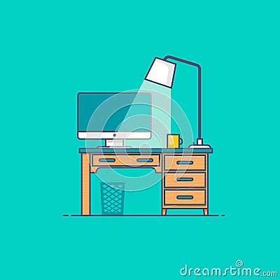 Workspace Front view of designer desk with white computer Vector Illustration