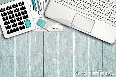 Workspace with graph, computer, graph, calculator and stationery Stock Photo