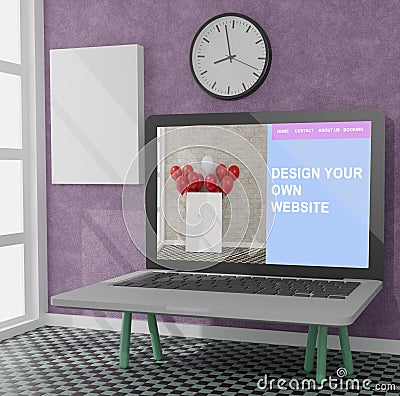 Workspace at home with a desktop computer 3d rendering mockup.Mo Cartoon Illustration