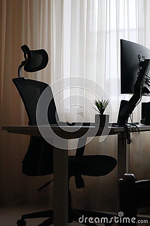 Workspace at home with a laptop. Minimalism interior with houseplants Stock Photo