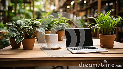 Workspace with laptop computer, notebook, cup of coffee, tropical houseplants. Generative AI. Stock Photo