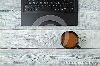Workspace . laptop and Cup of coffee. minimalism. the view from the top. flat lay Stock Photo